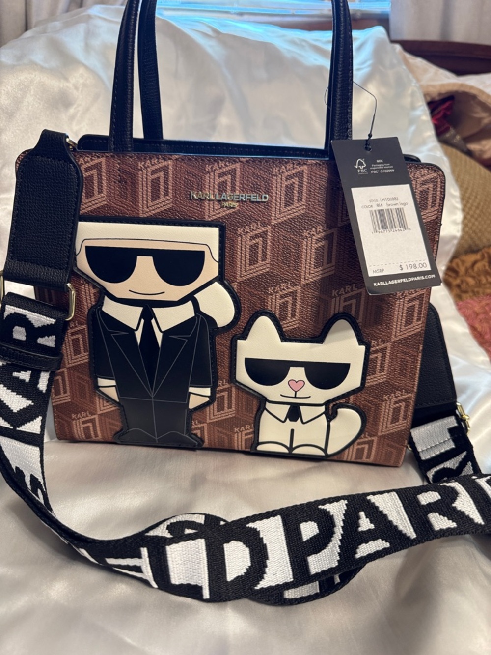 Karl Lagerfeld Brown Monogram Tote with Playful Karl & Cat Patches